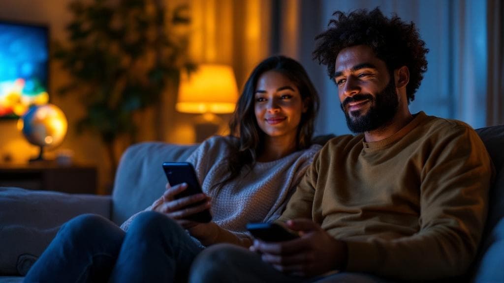 Couple enjoying a movie night with CinePulse Global recommendations